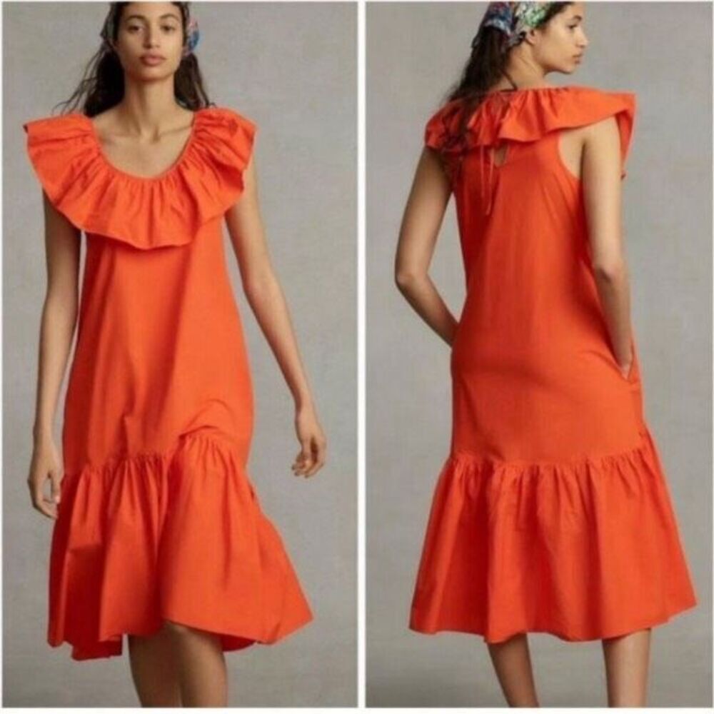 Anthropologie WHIT TWO Flouncy Bright Orange Ruffled Tiered midi dress Small